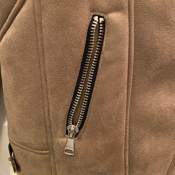 Taupe Suede Bomber Jacket with Faux Fur Trim - Picture 3 of 6